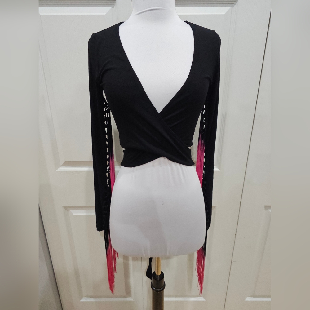 ~SOLD~ Dolls Kill Current Mood Black Pink Whirlwind Romancer Fringe Wrap Top S - Picture 2 of 7